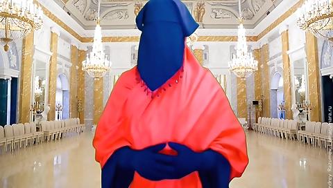 Housewife in sexy outfit and a facecovering is standing alone