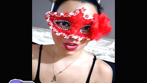 Brunette naked in stockings enjoys watching the guy masturbate