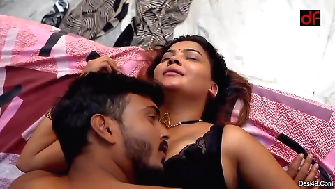 Brunette milf fucks while walking in the dark room