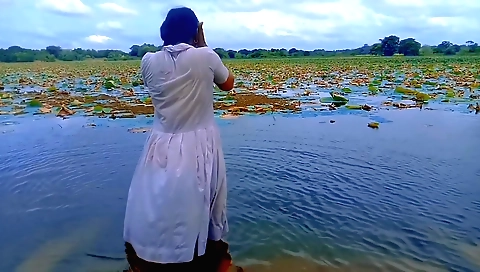 Indian girl in sexy dress and black hair enjoys solo outdoor fun