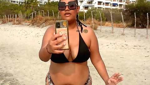 Brunette girl with big boobs gets fucked on the beach