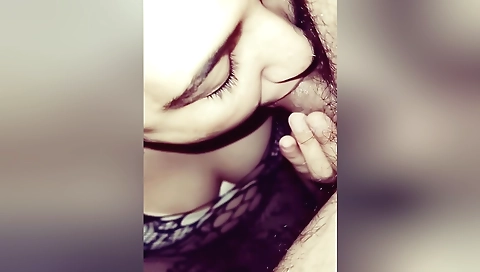 Brunette woman fucks her husband in the bed on the bedsheet