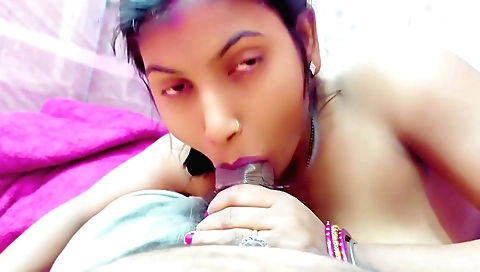 Indian bhabi has her mouth covered and gets cum in it